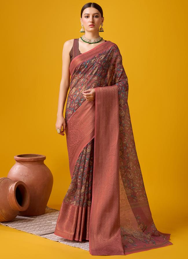 Cotton Brown Festival Wear Floral Print Saree